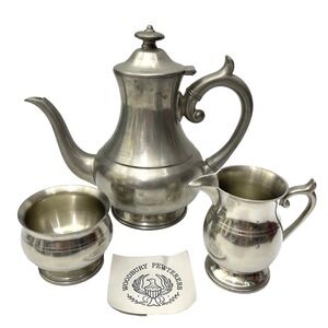 Vintage 1980s Woodbury Pewterers Pewter Coffee Tea Set Pot Sugar Bowl Creamer